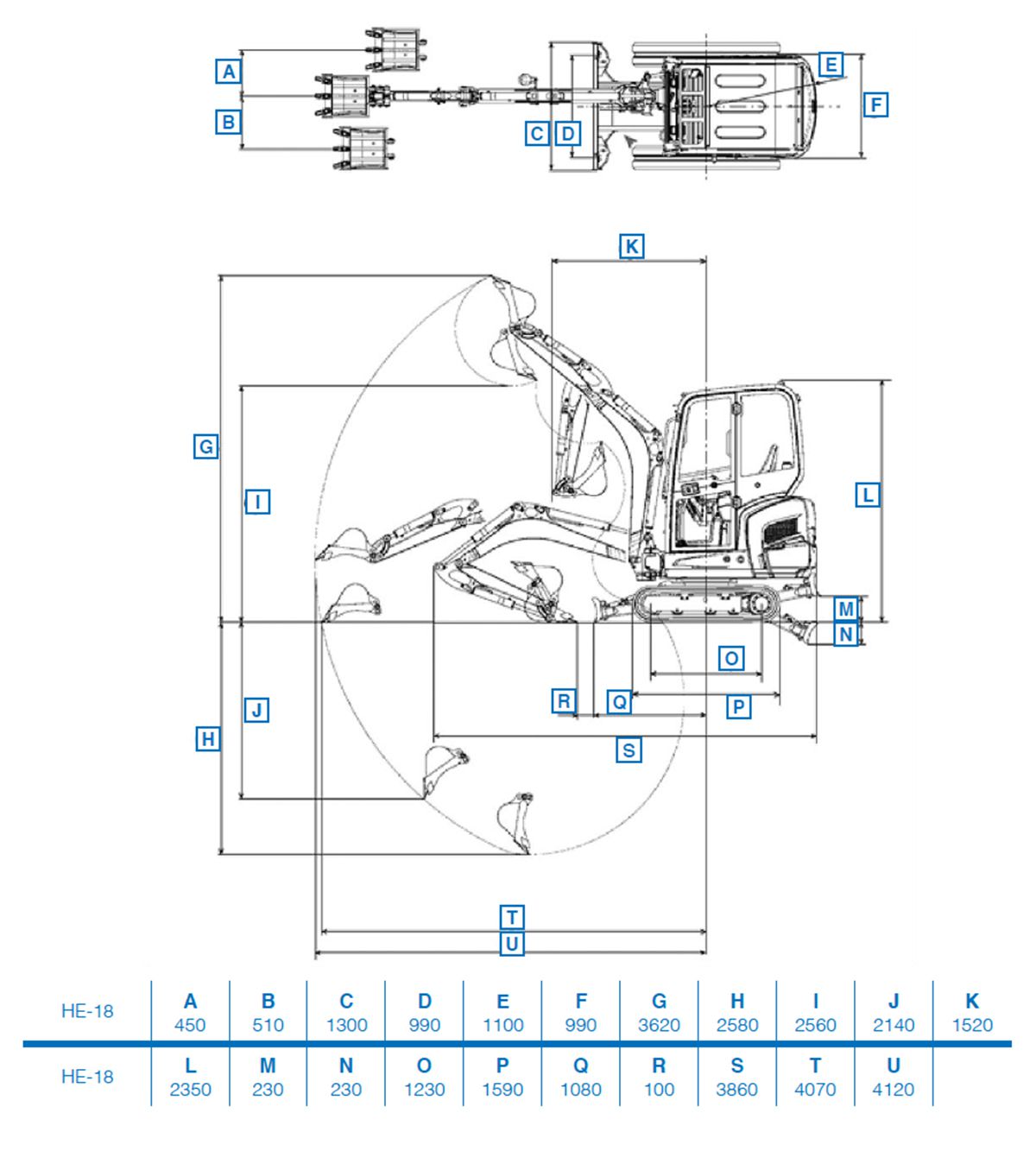 Maße Eurotrac HE 18 Minibagger